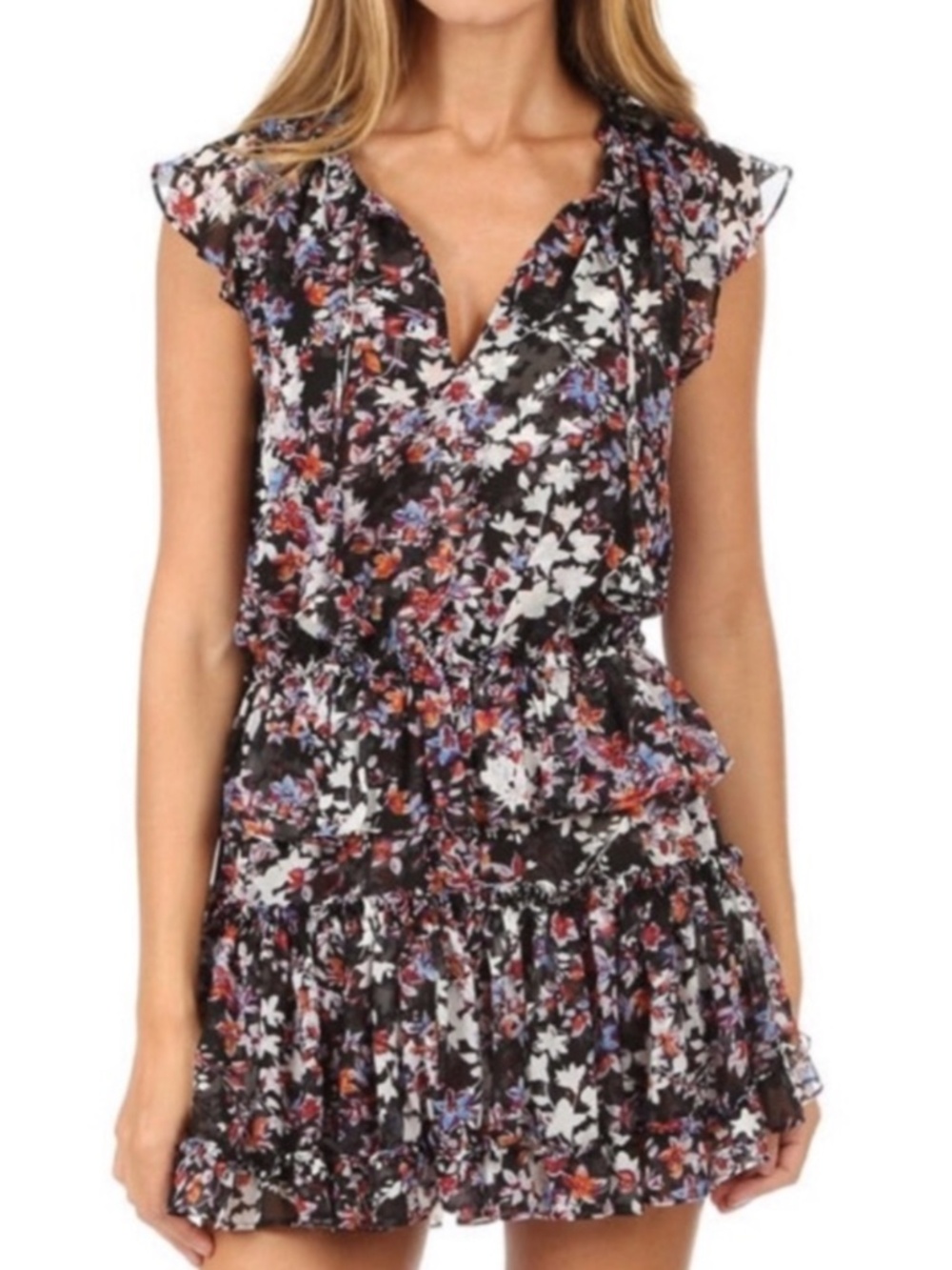 MISA Los Angeles Fleur Mini Dress | Black Floral Ruffle Tiered Dress Small